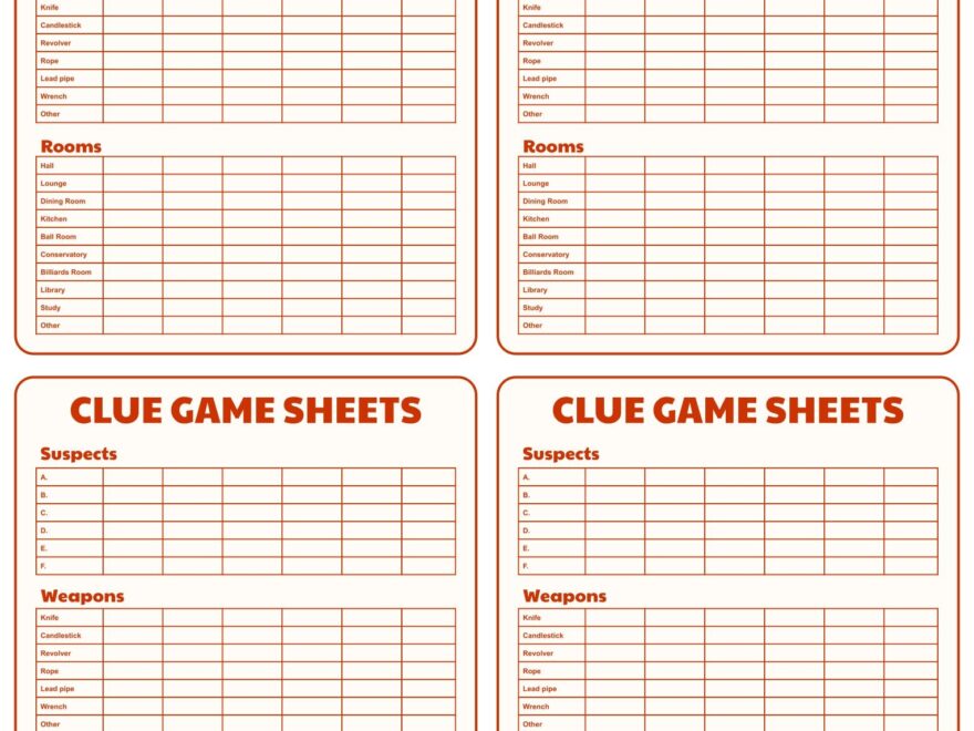 Board Game Clue Sheets 10 Free PDF Printables Printablee