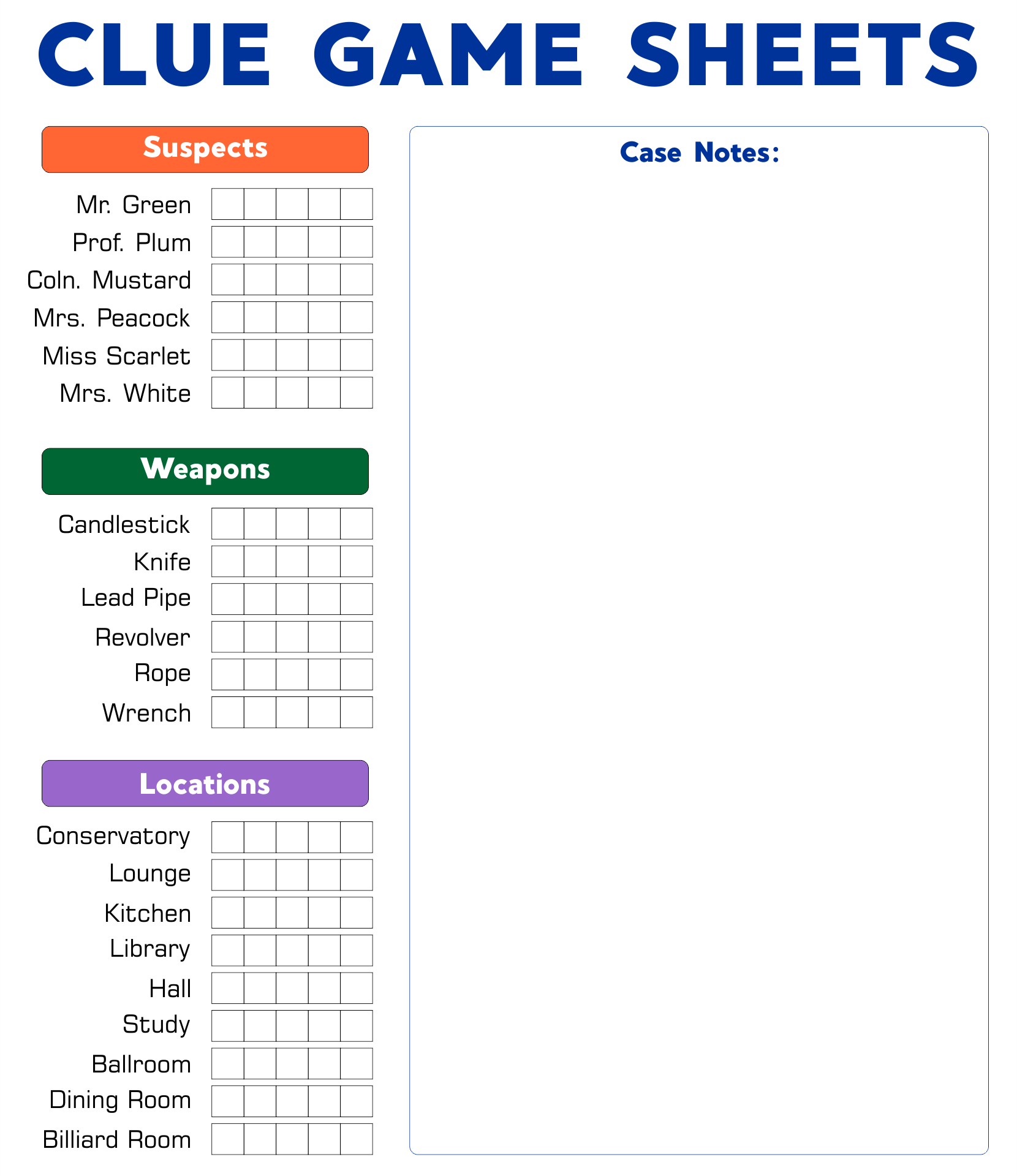 Free Printable Clue Game Sheets