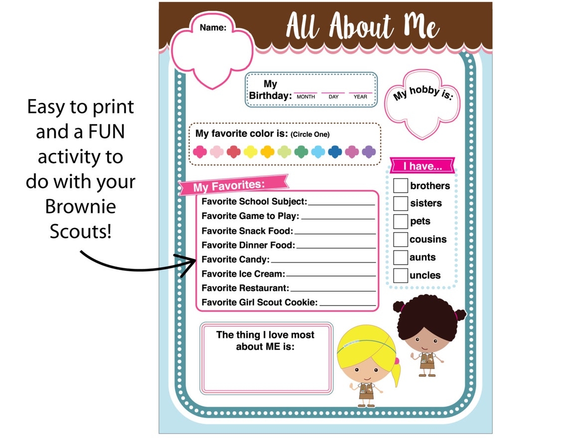 Brownie Girl Scout Activity All About Me Printable Instant Download Etsy