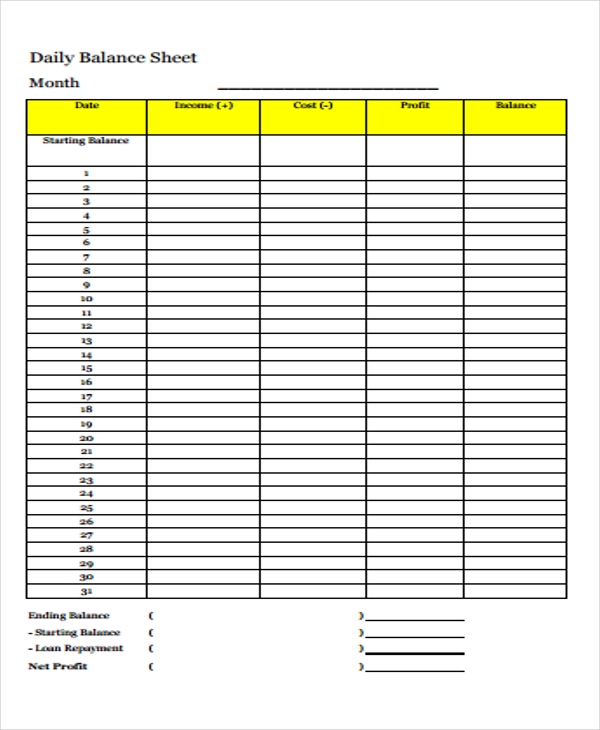 Printable Cash Drawer Balance Sheet