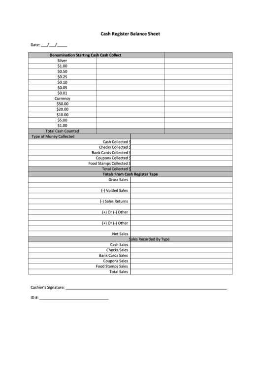 Cash Register Balance Sheet Template Printable Pdf Download