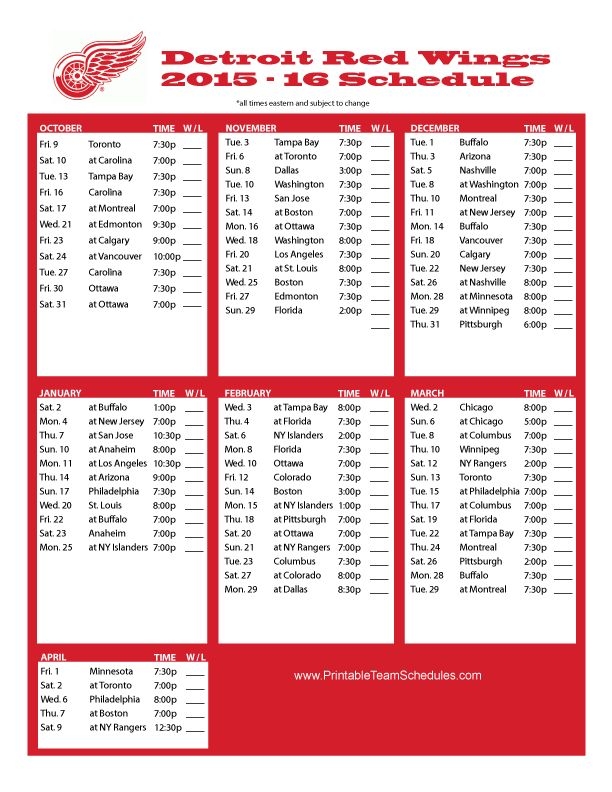 Red Wings Home Schedule Printable