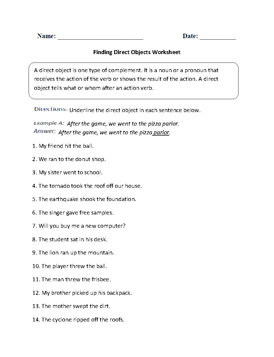 Direct And Indirect Object Worksheets Finding Direct Objects Worksheet