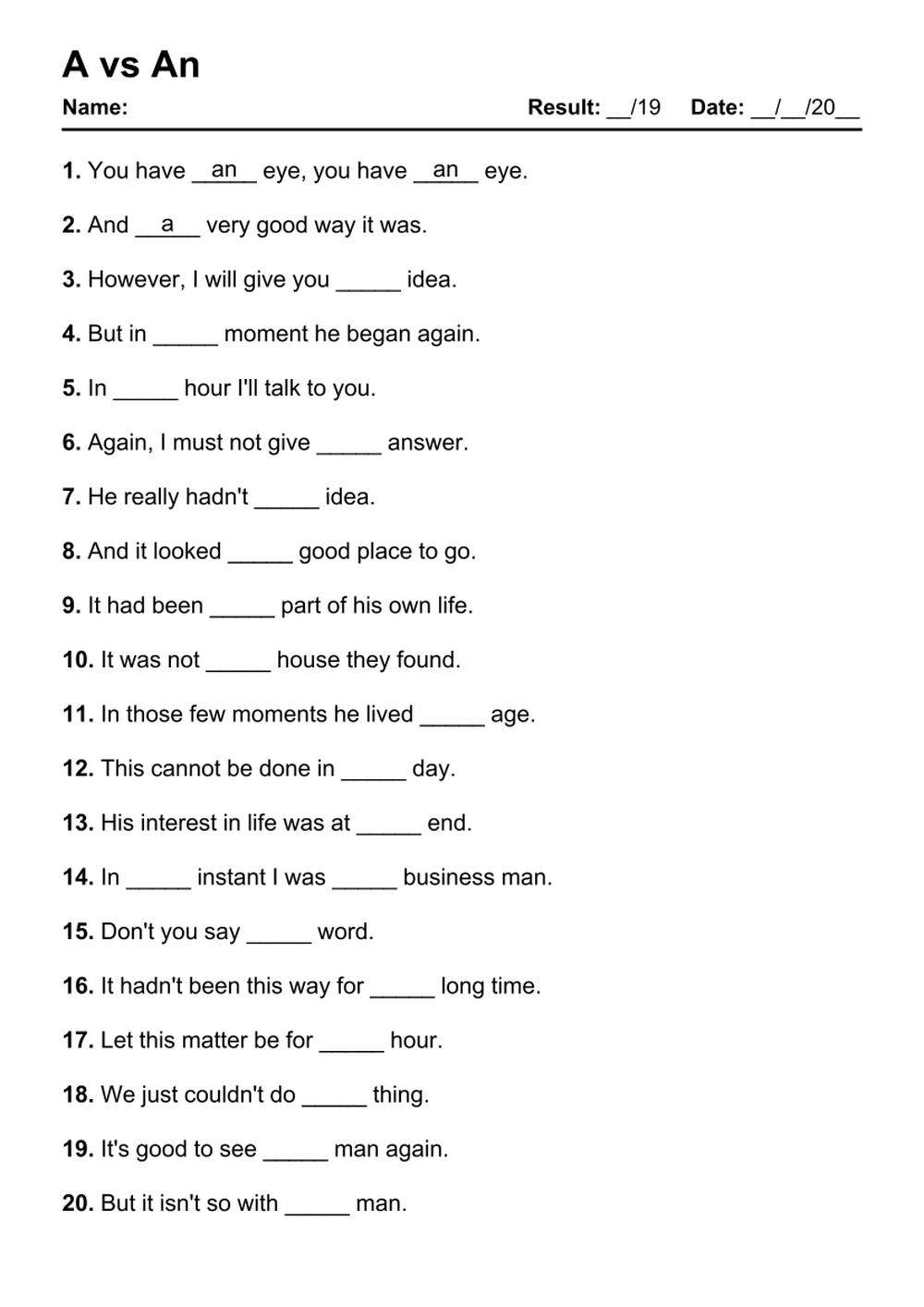 Printable English Grammar Exercises With Answers