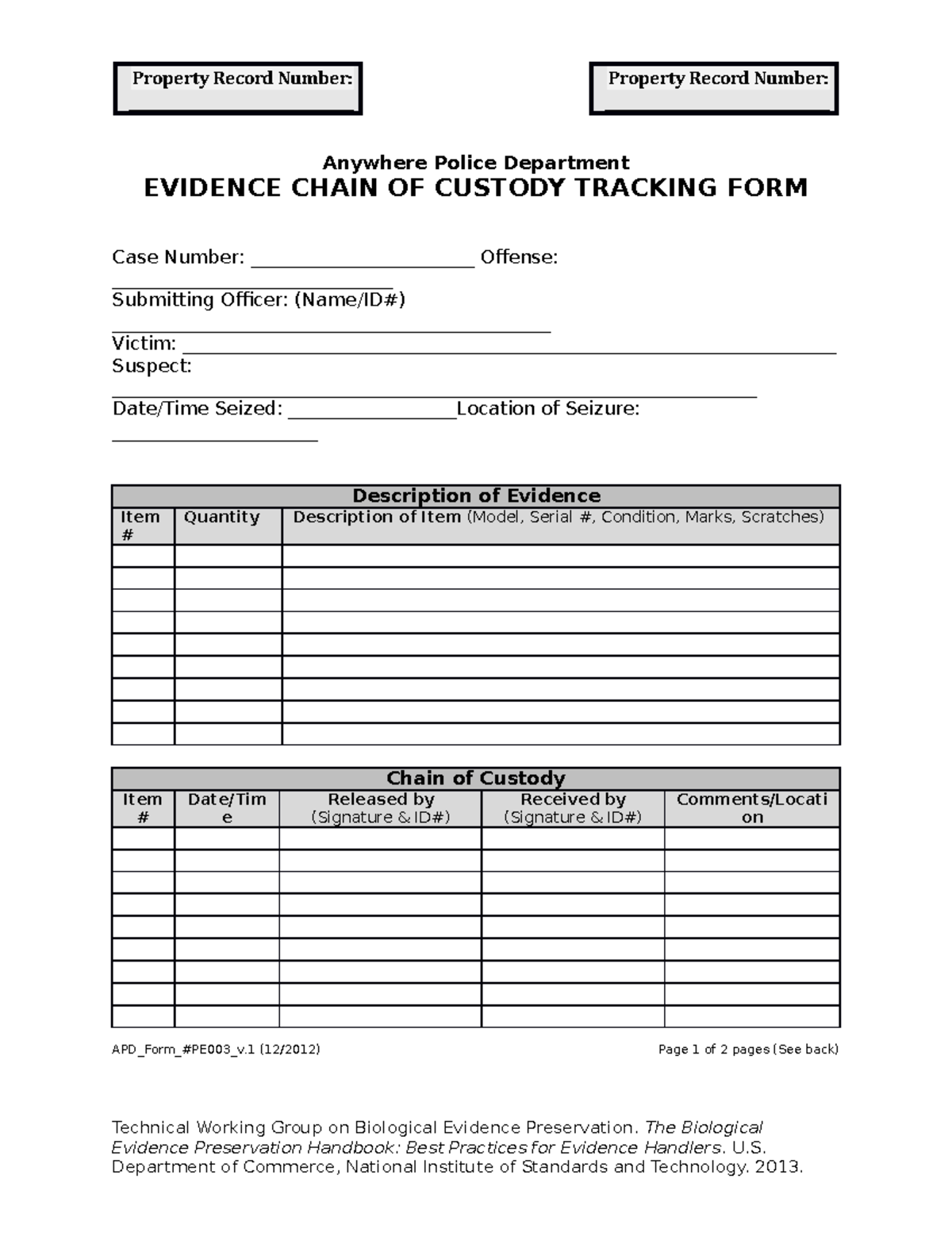Printable Chain Of Custody Form
