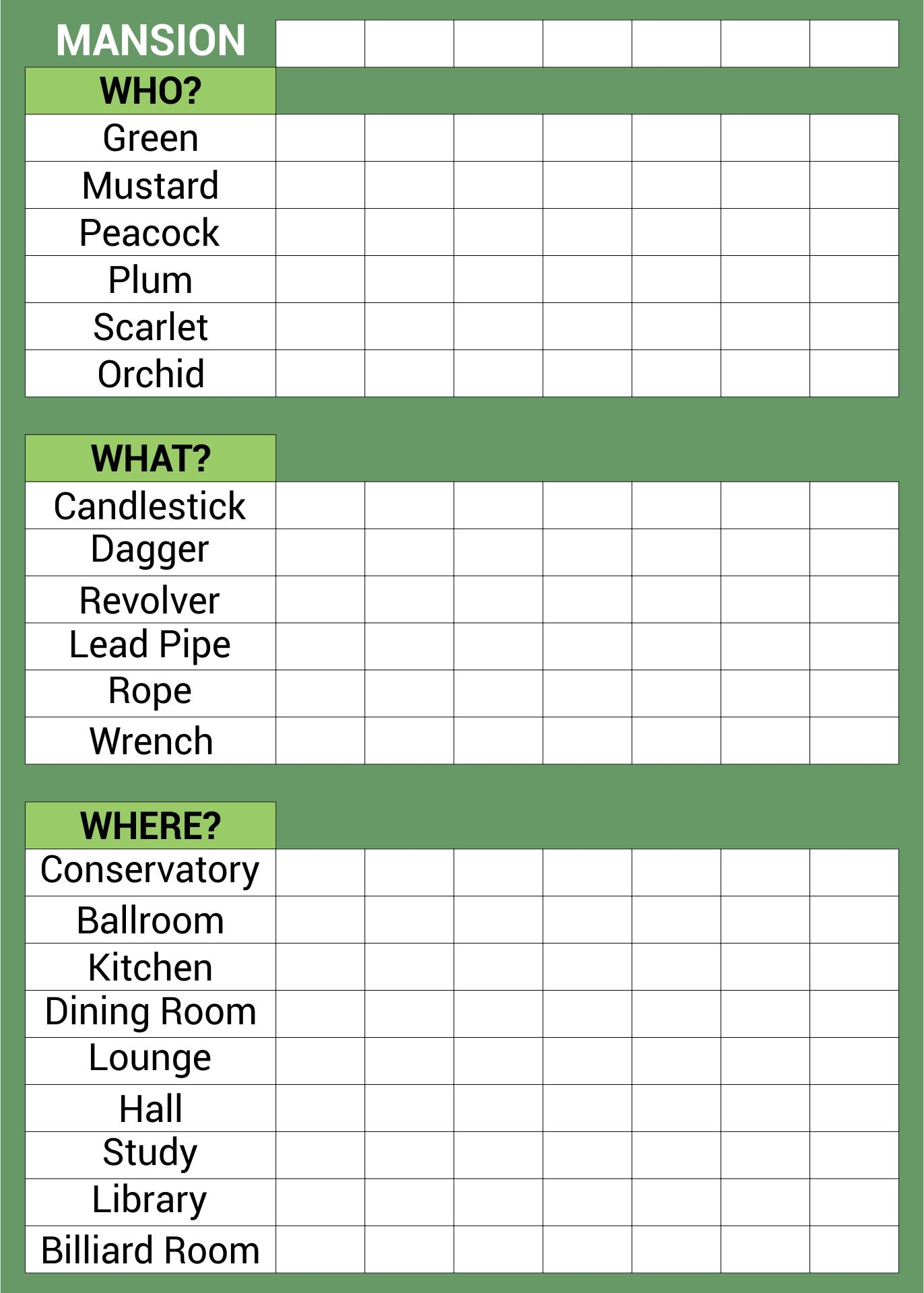 Free Printable Clue Game Sheets