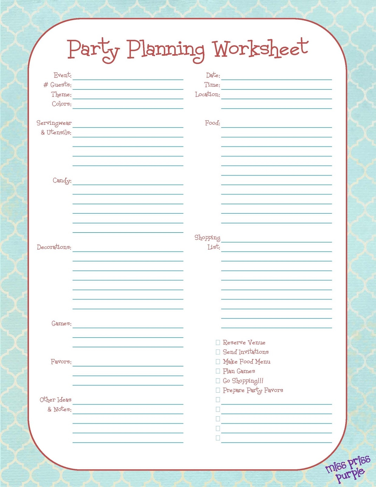 Free Printable Party Planner Worksheet