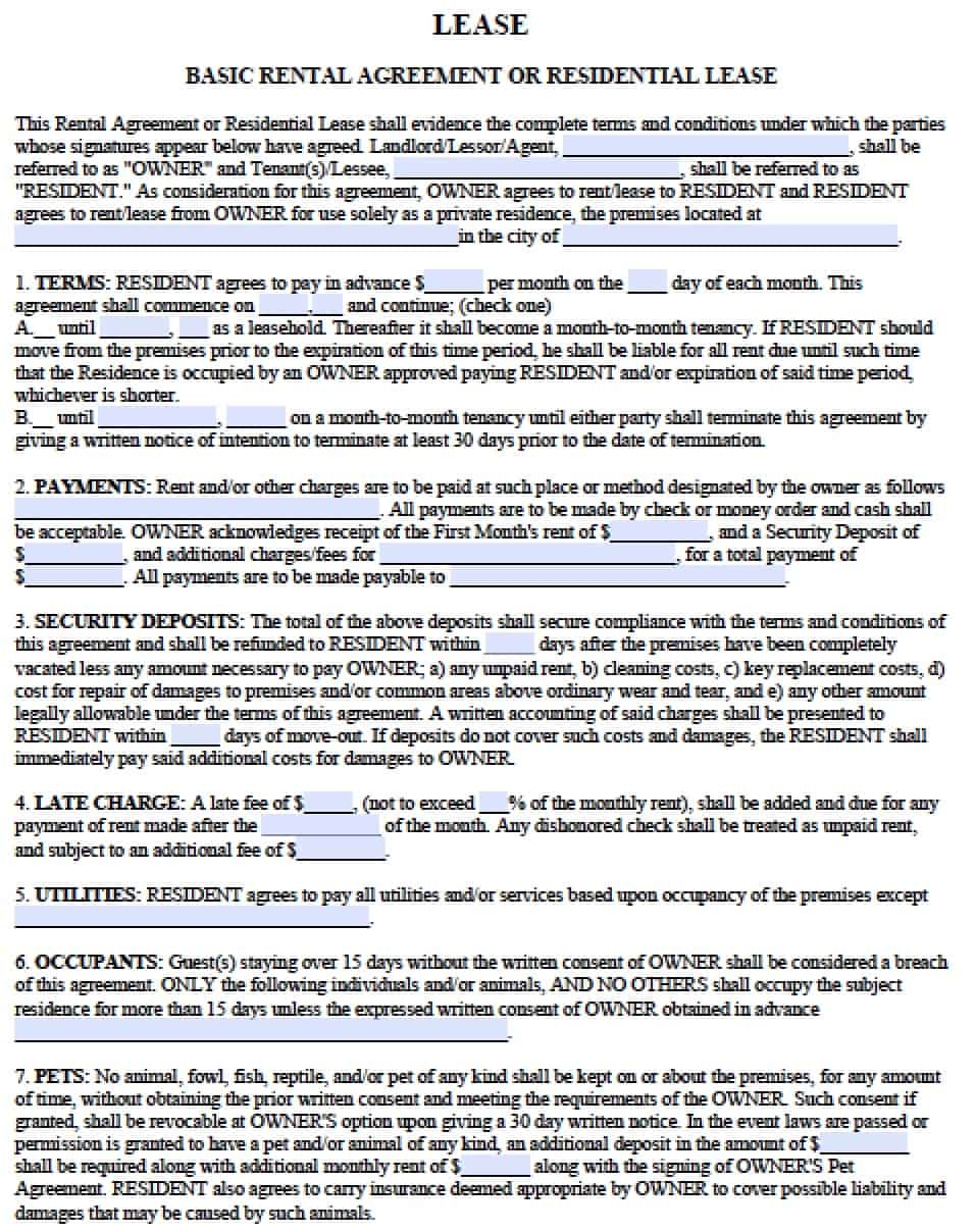Property Lease Agreement Blank Printable