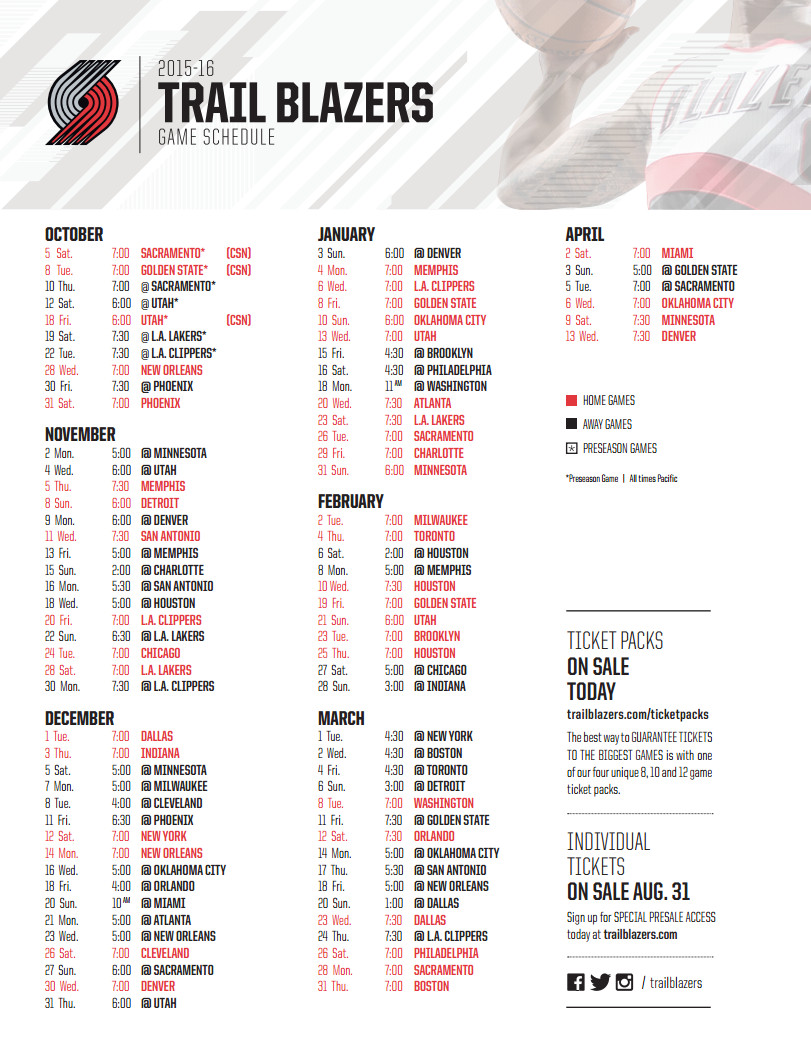 Portland Trailblazers 2025-2026 Printable Schedule