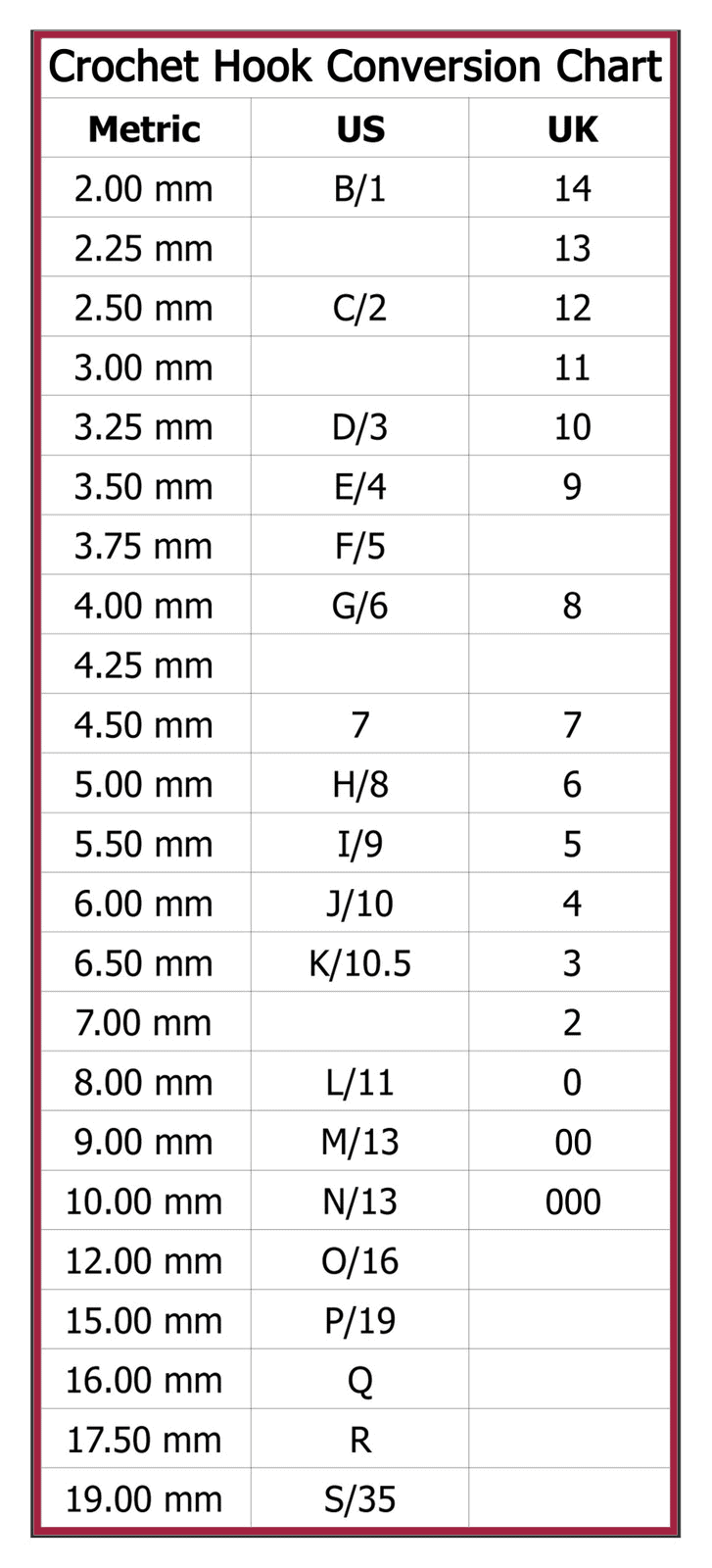 Printable Crochet Hook Size Chart