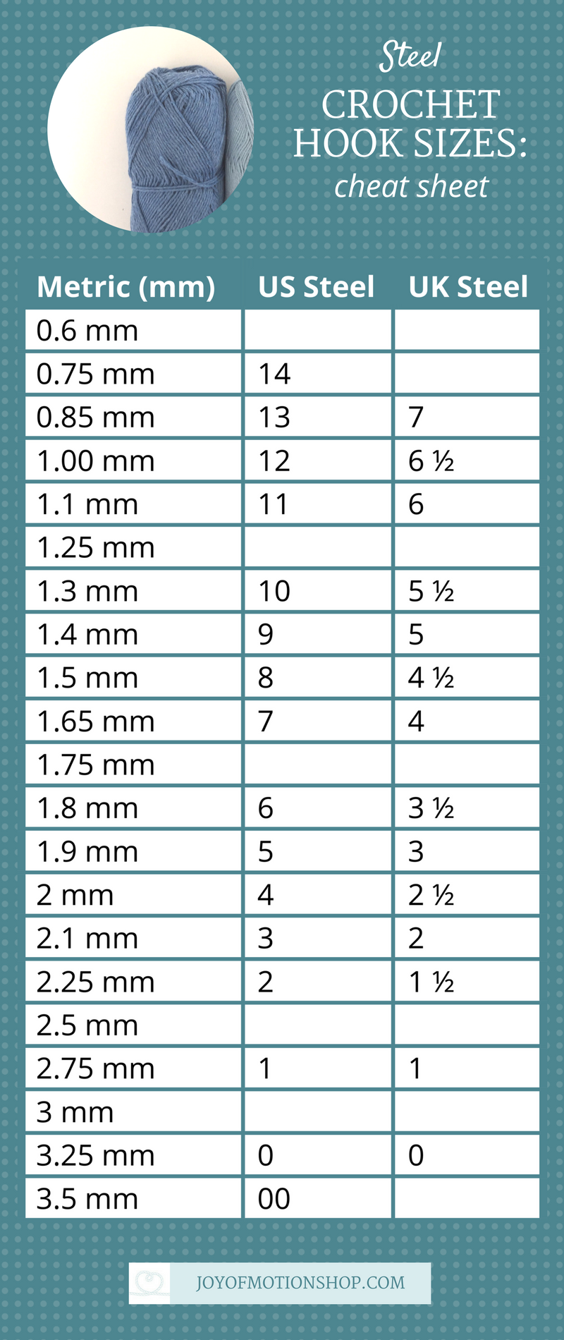 Printable Crochet Hook Size Chart