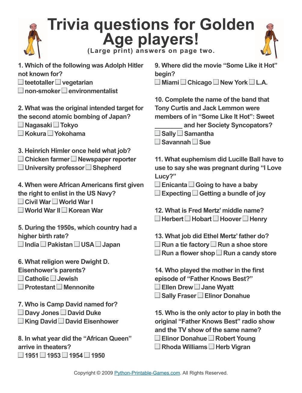 Printable Fun Trivia Questions And Answers