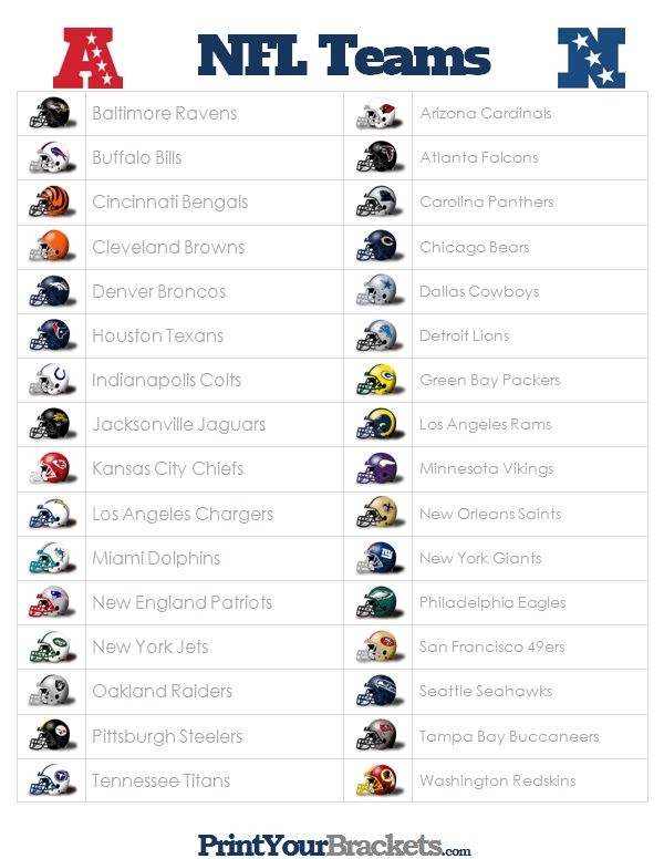 Printable List Of Nfl Teams Alphabetically