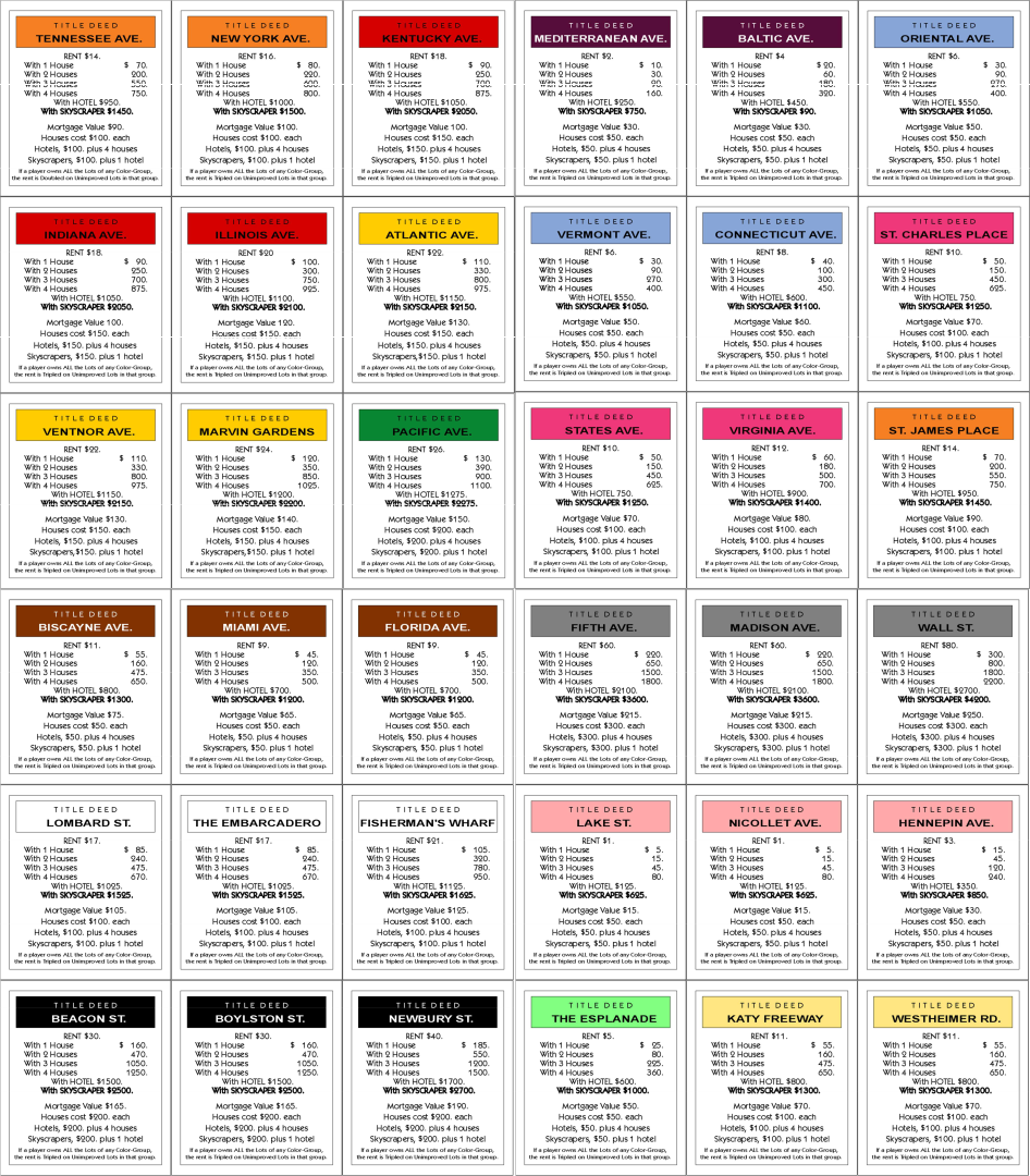 Printable Monopoly Property Cards