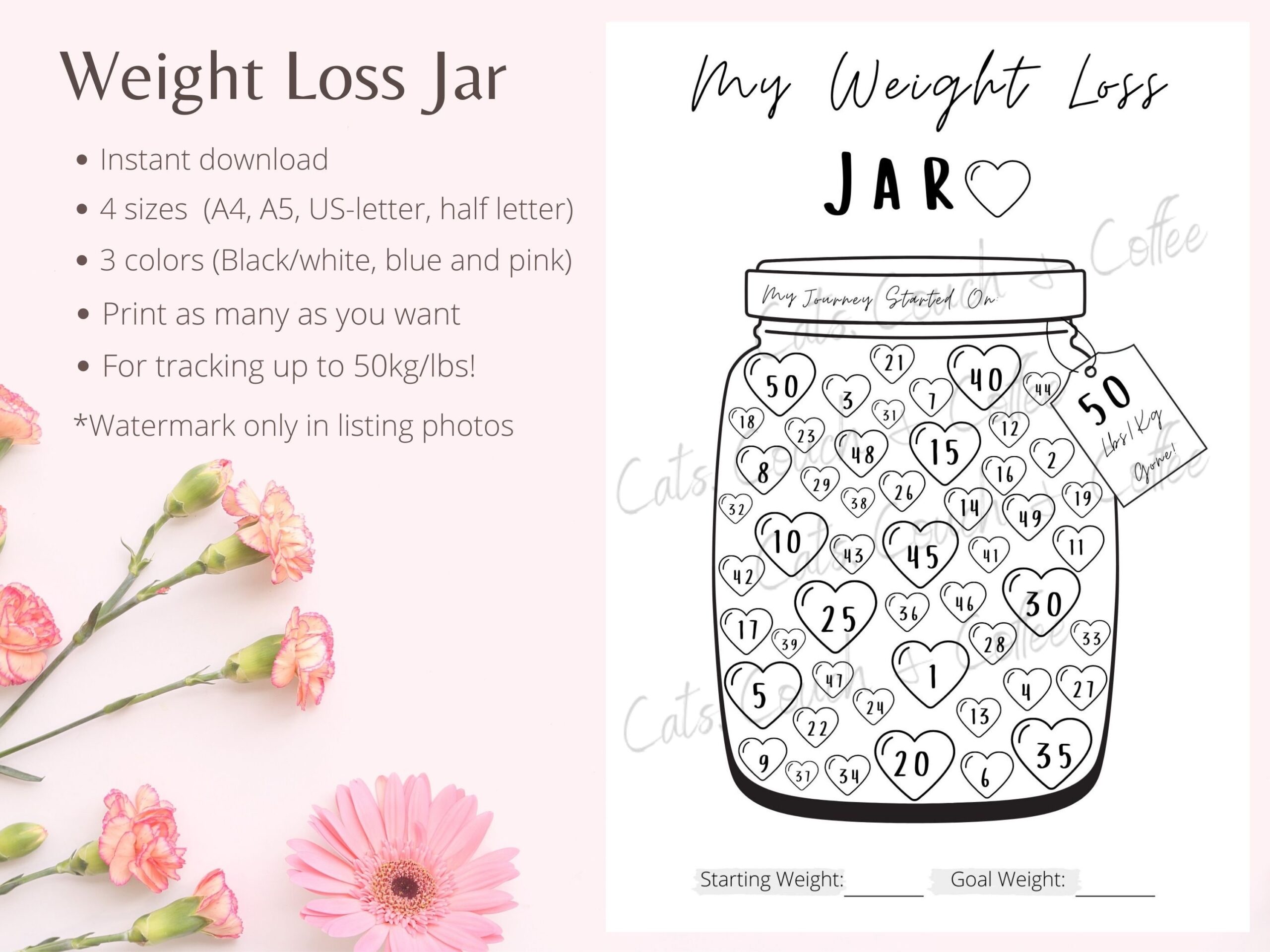 Printable Weight Loss Jar Tracker 50 Lb kg Pounds Lost Jar Weight 