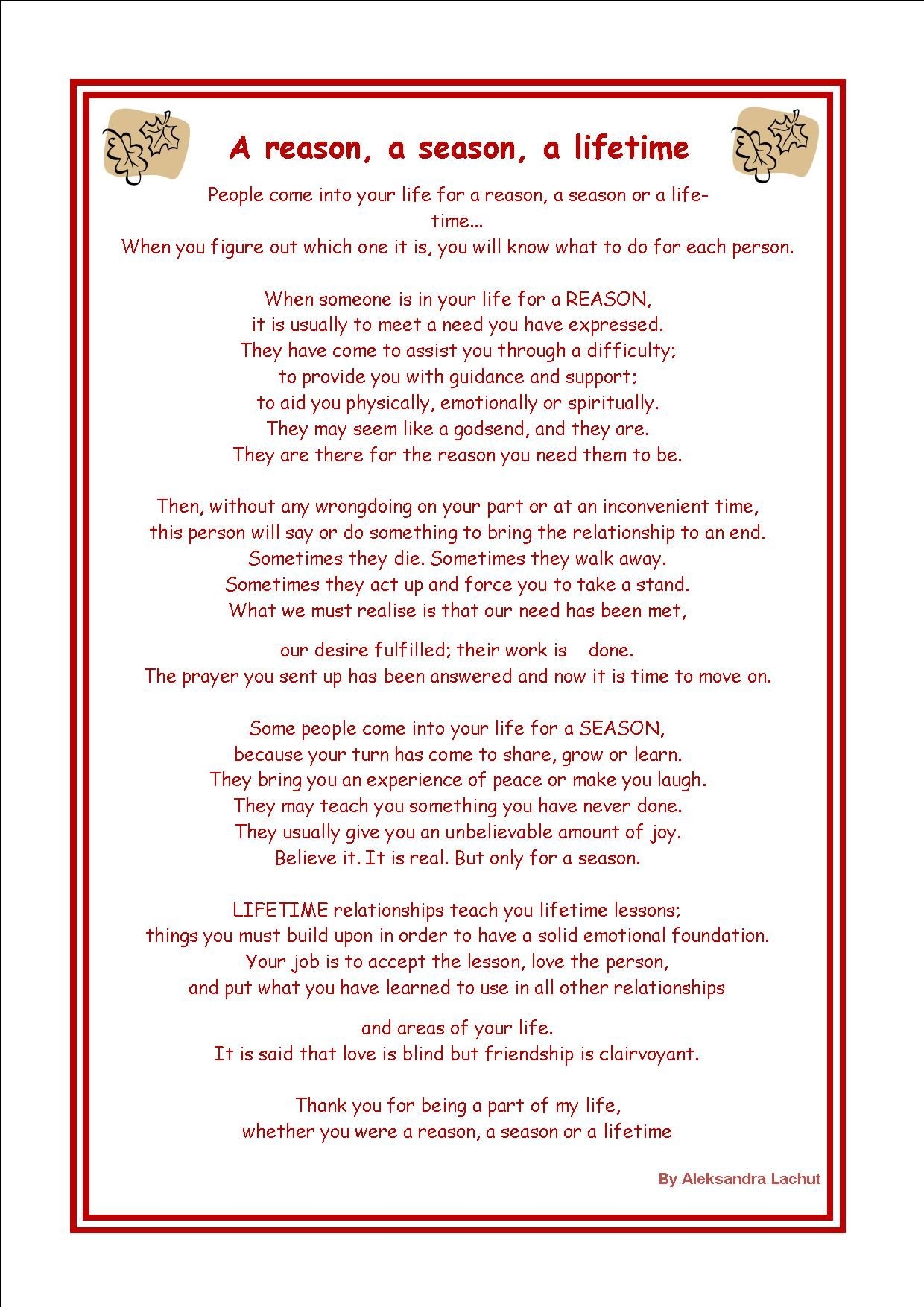 Reason Season Lifetime Poem Printable