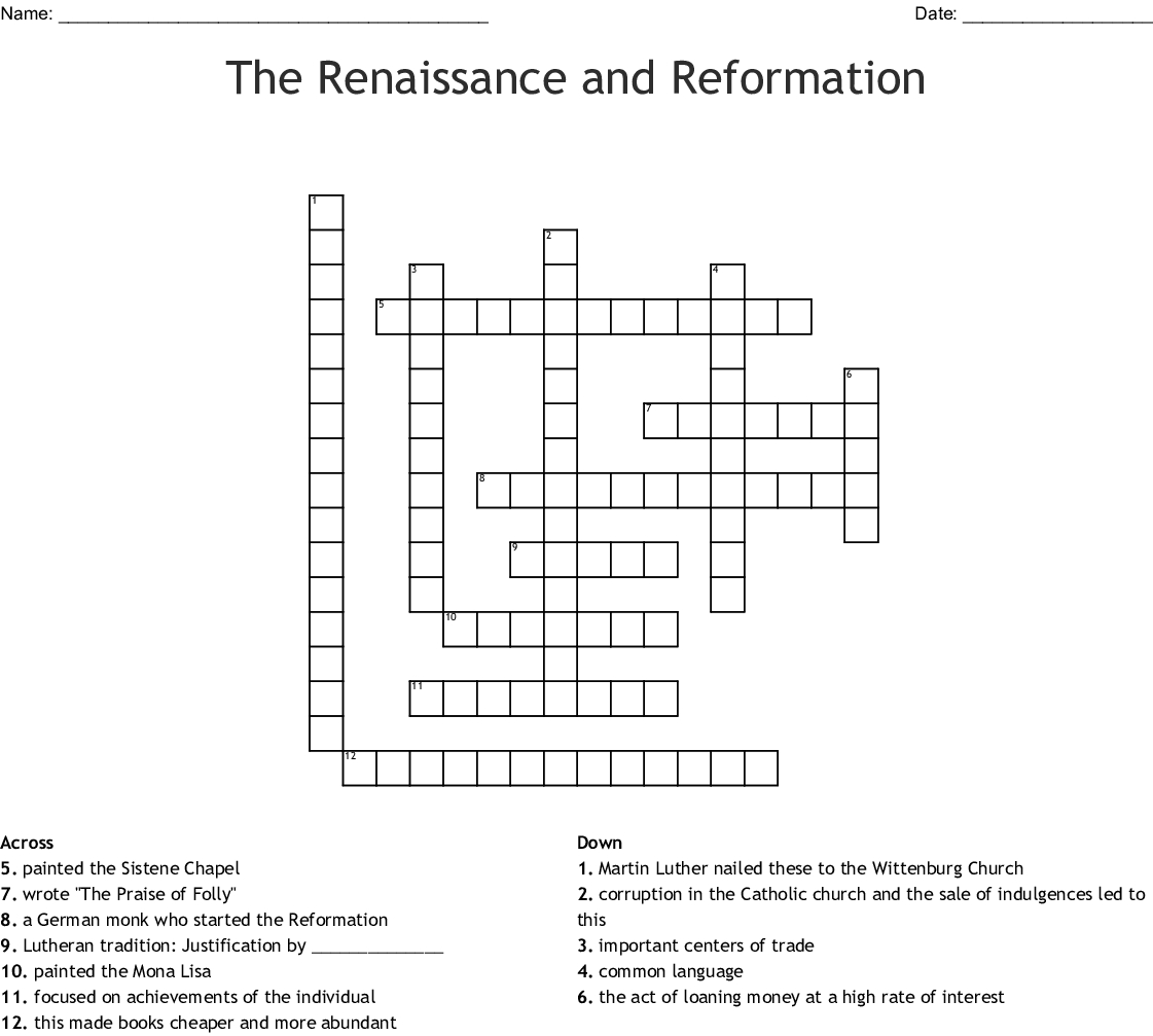 Renaissance Crossword Puzzle Printable Printable Crossword Puzzles