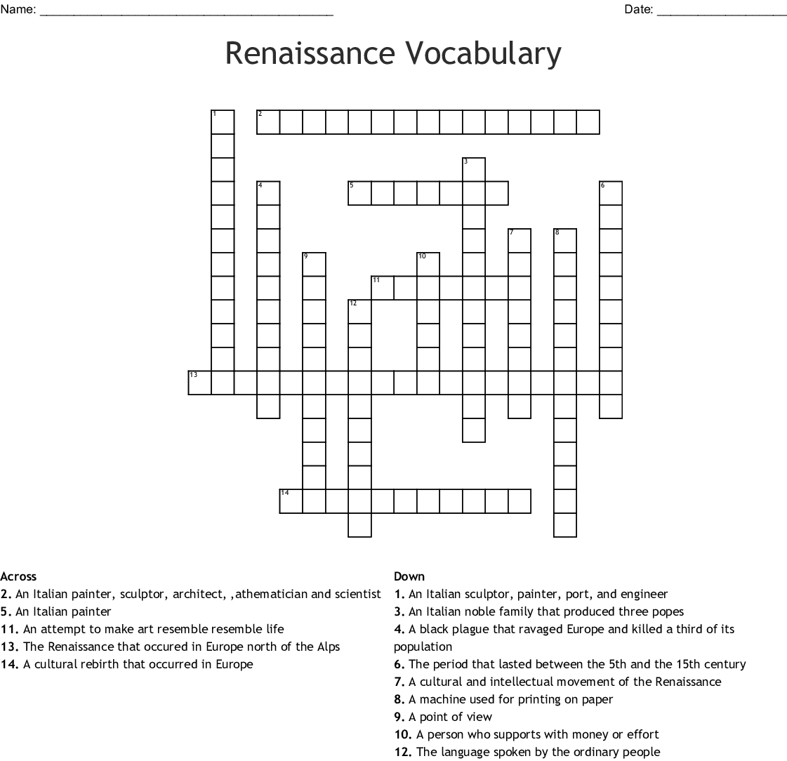 Renaissance Crossword Puzzle Printable Printable Crossword Puzzles