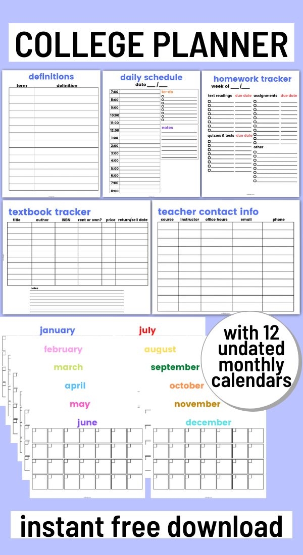 Student Class Schedule Printables Standard UniKeep College 
