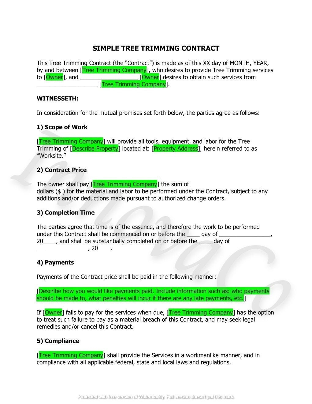 Tree Trimming Contract Template Tree Removal Contract Agreement Tree 