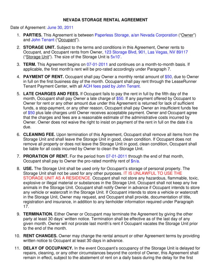 Warehouse Agreement Sample Storage Unit Lease Agreement Template Fill 