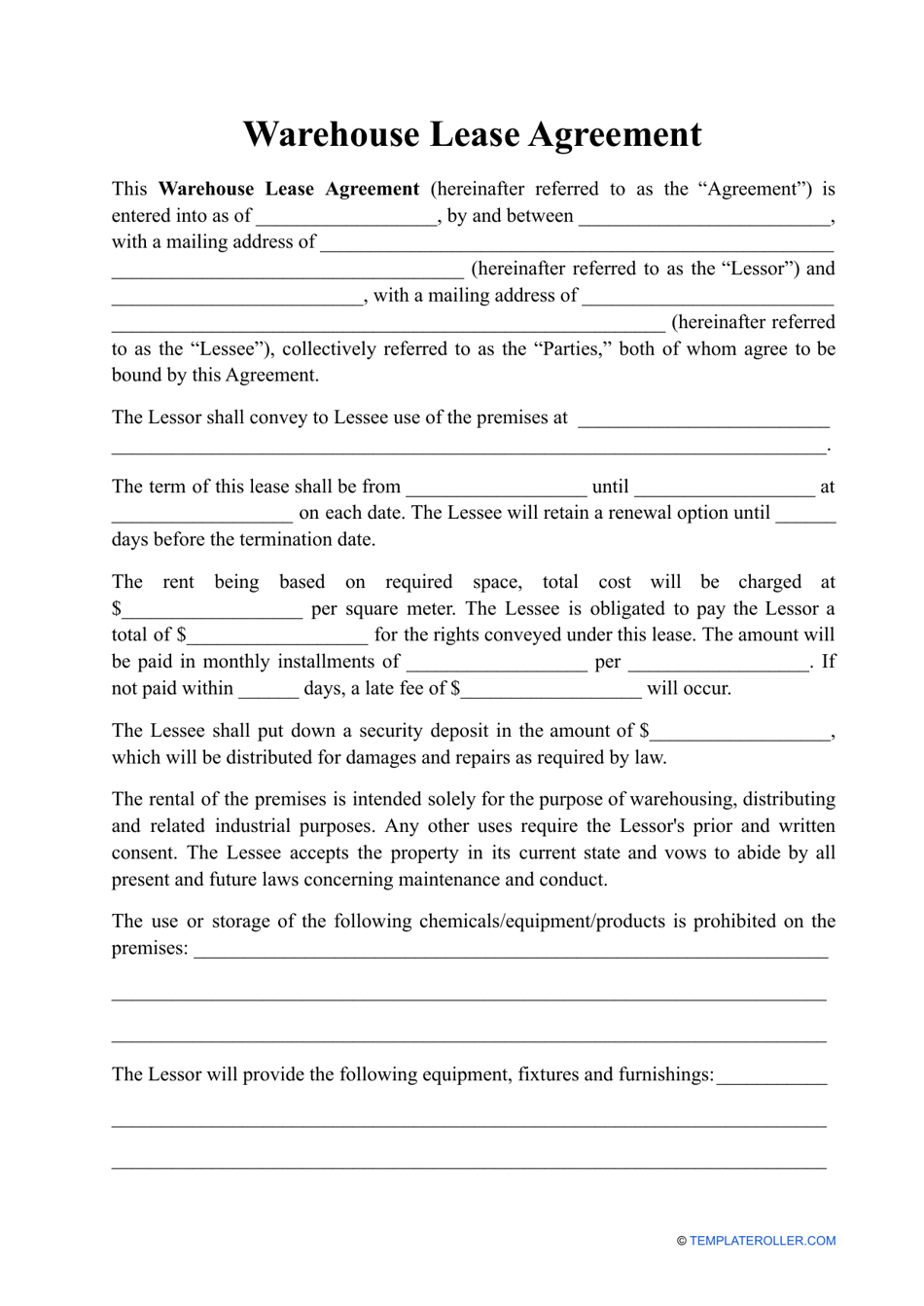 Warehouse Lease Agreement Template Fill Out Sign Online And Download 