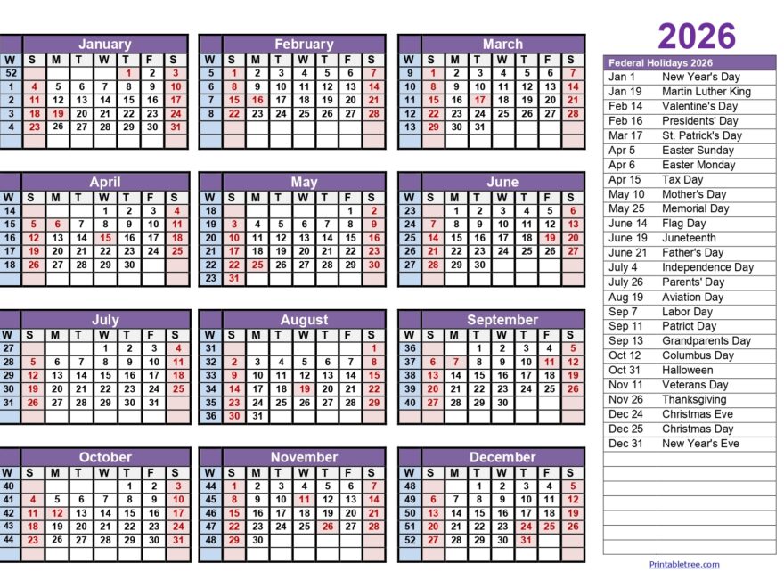 Calendar Weeks 2026 Printable Tree