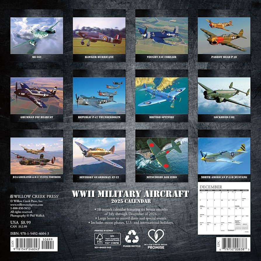 Amazon Willow Creek Press WWII Military Aircraft Monthly Mini 2025 Wall Calendar 7 X 7 Willow Creek Press Office Products