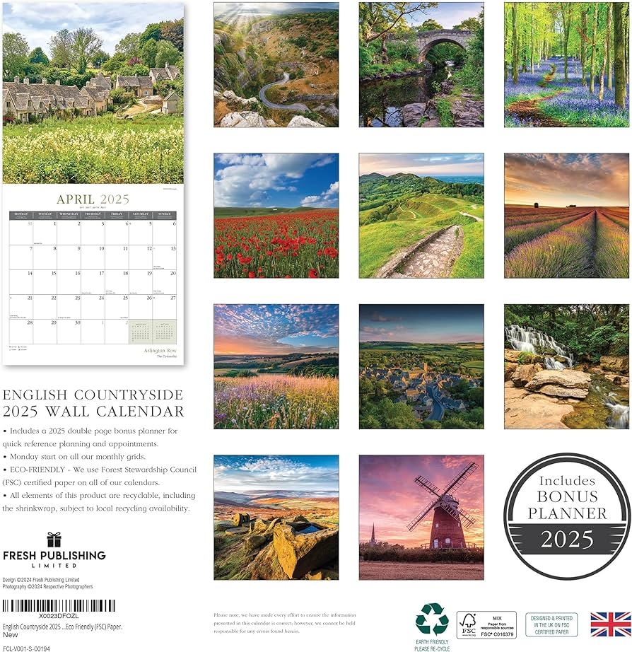 English Countryside 2025 Large Wall Calendar By Fresh Publishing Size 302mm X 604mm Open Thick Sturdy Eco Friendly FSC Paper Amazon co Uk Stationery Office Supplies