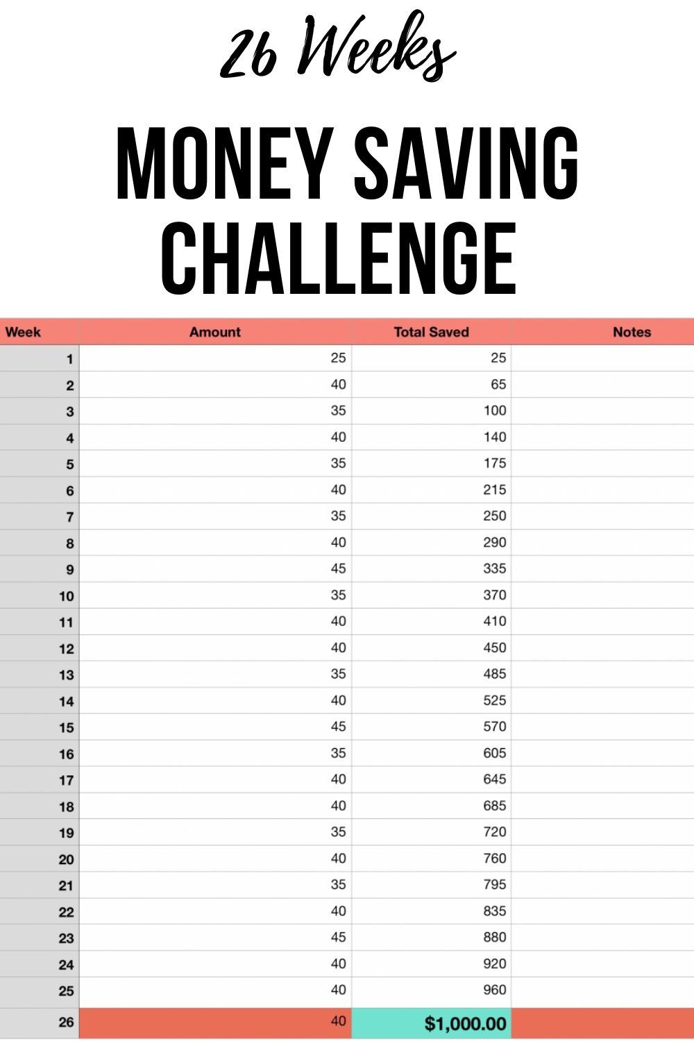 26 Week Savings Plan Printable