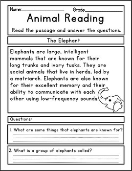 Animal Reading Comprehension Passages And Questions 2nd Grade TPT