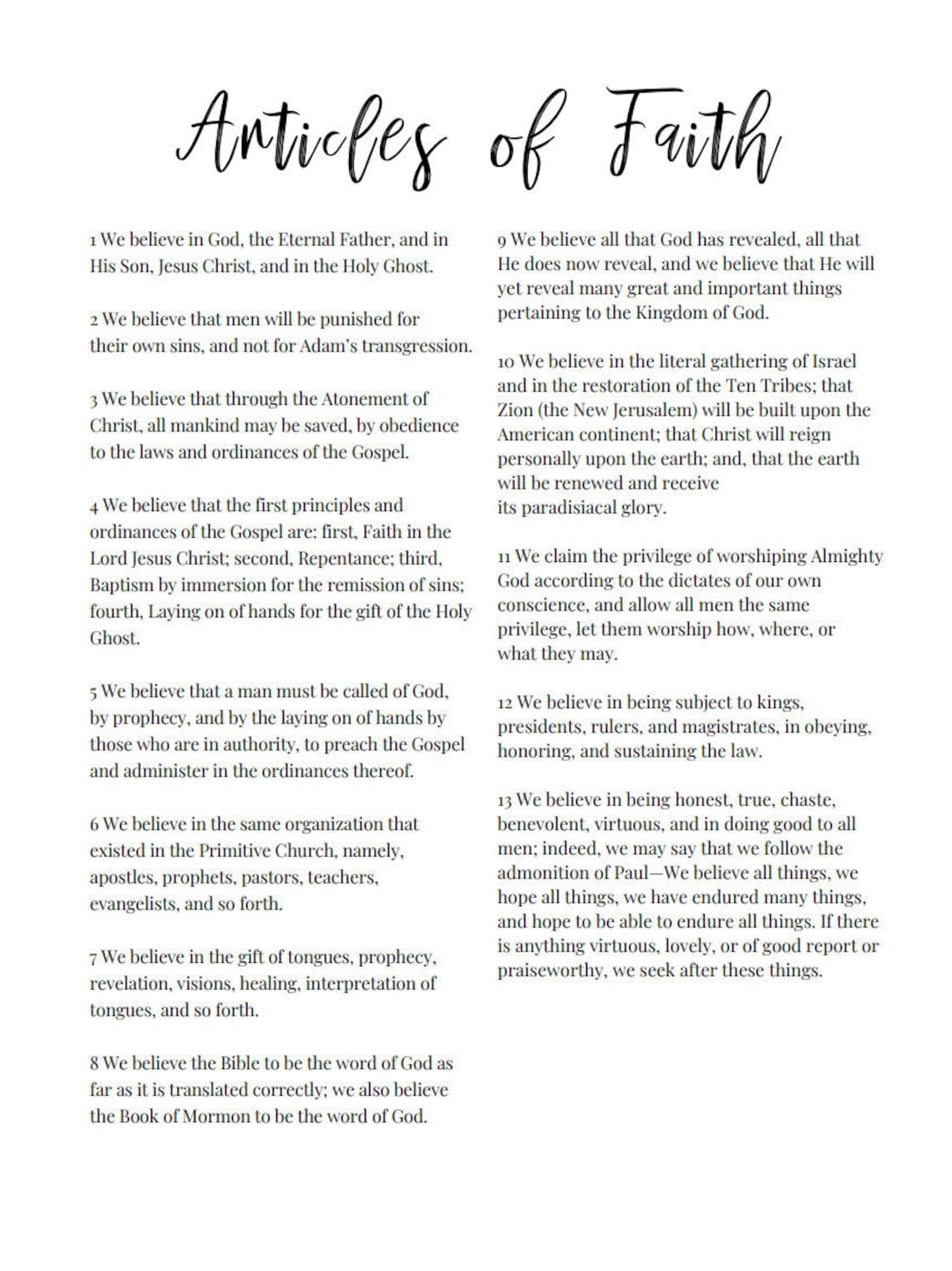 Articles Of Faith LDS Printable Poster Etsy