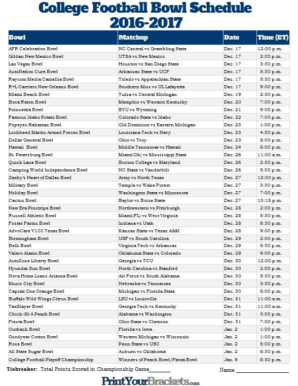 2025 18 Ncaa Football Bowl Games Printable Schedule