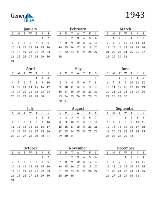 1943 Calendar PDF Word Excel