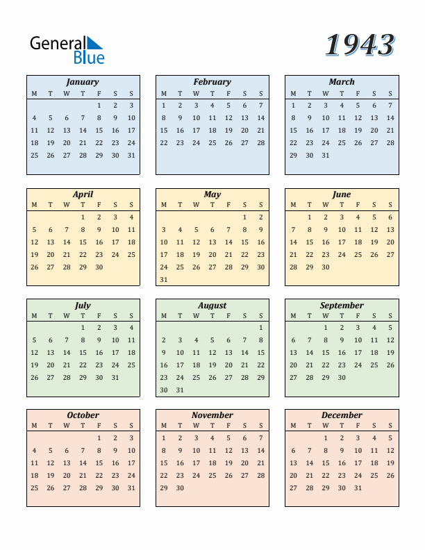 1943 Yearly Calendar Templates With Monday Start