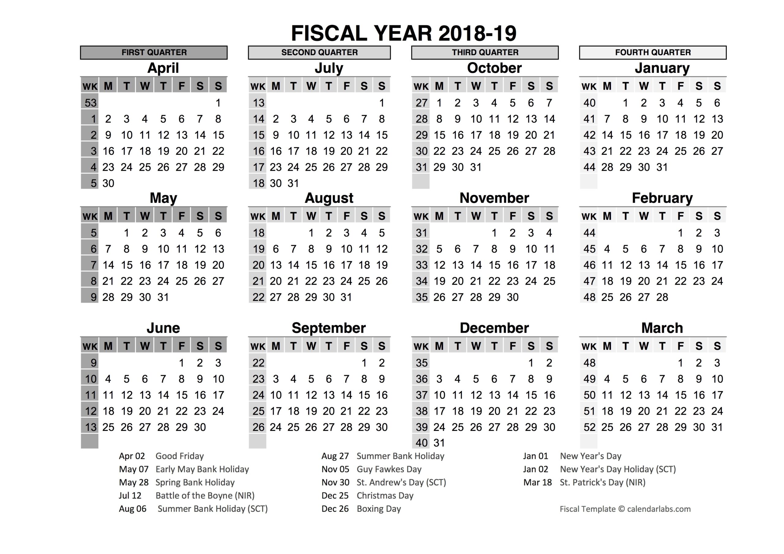 2018 2019 Fiscal Calendar UK Template Free Printable Templates