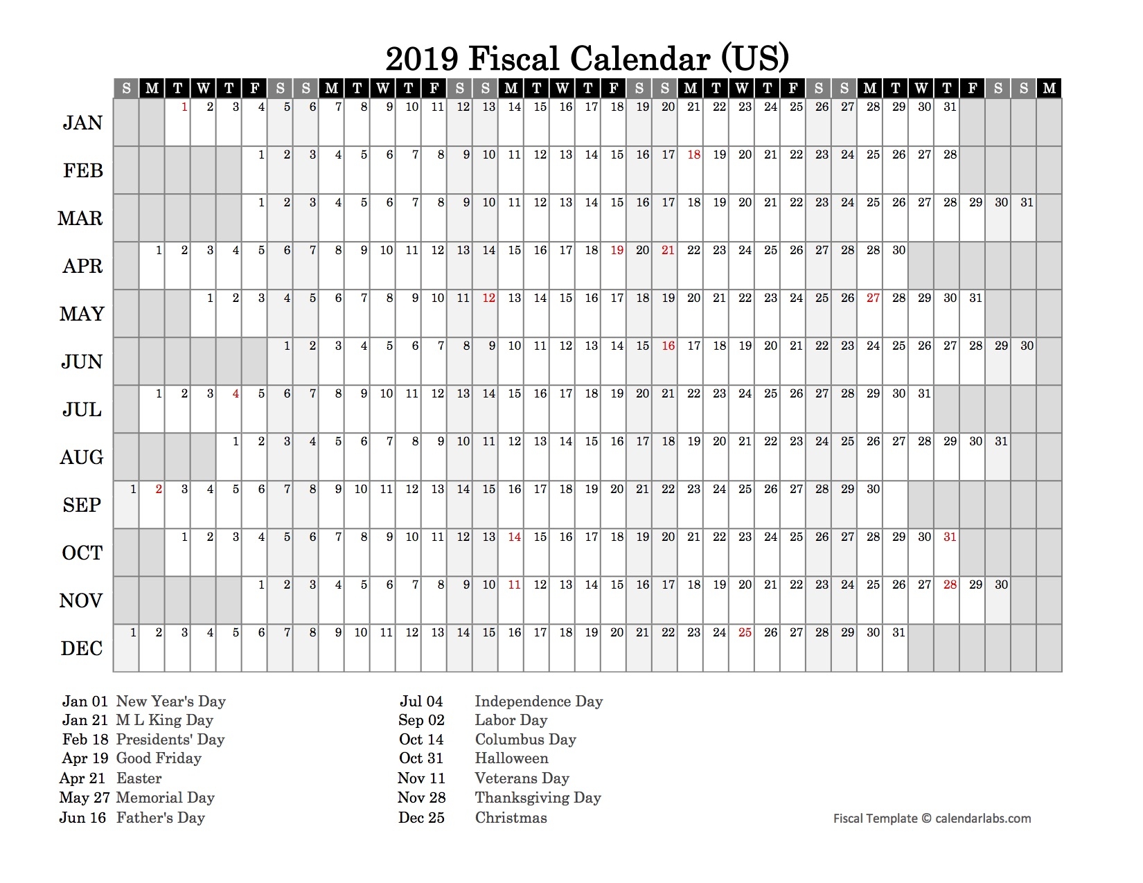 2019 Fiscal Calendar USA Free Printable Templates