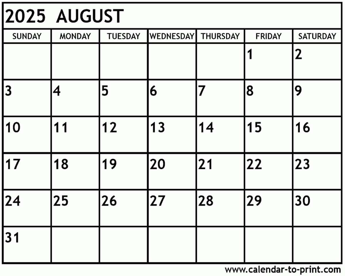 2025 August Calendar Printable Free 2025 John C Palmer
