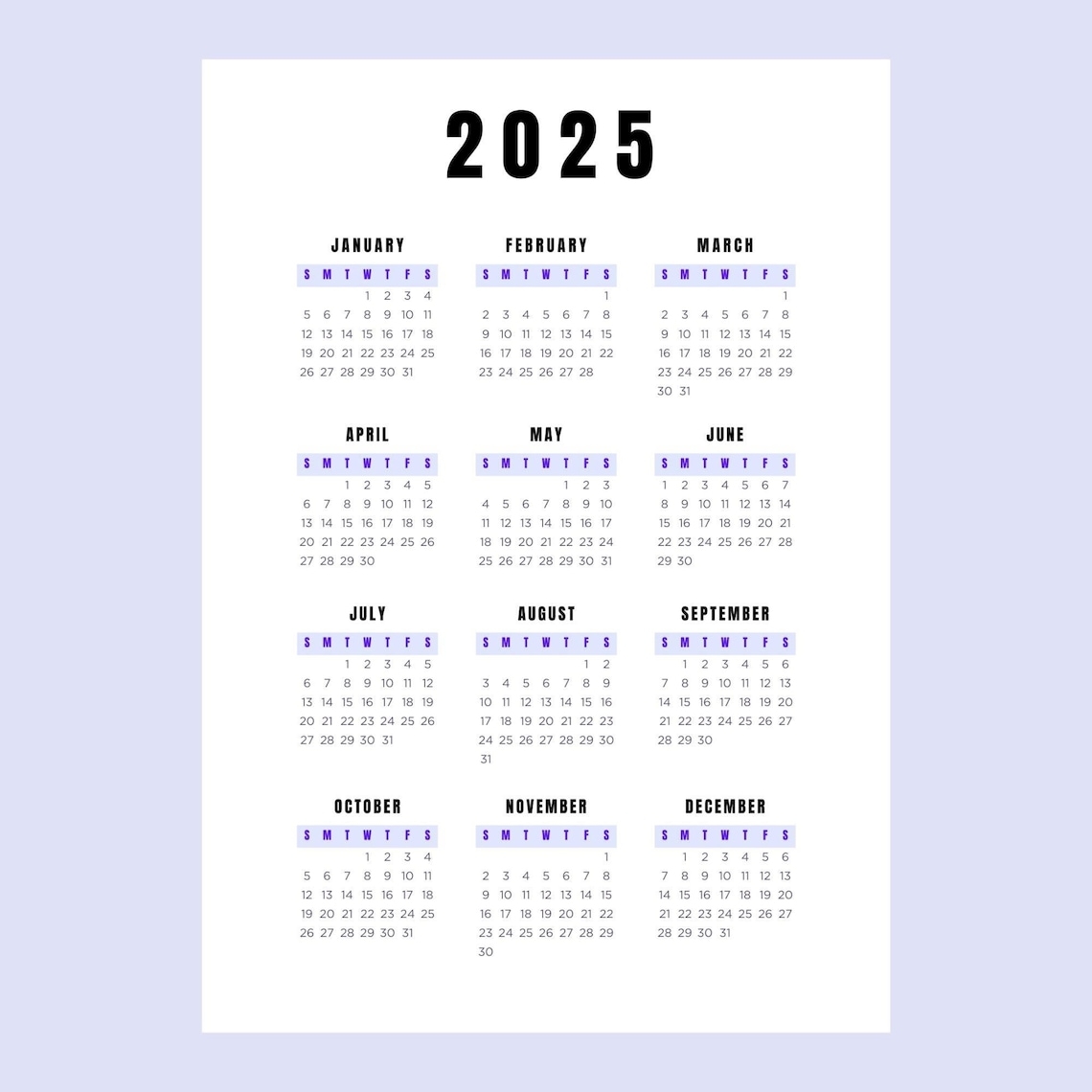 2025 Calendar 12 Month Single Page PDF Instant Download 