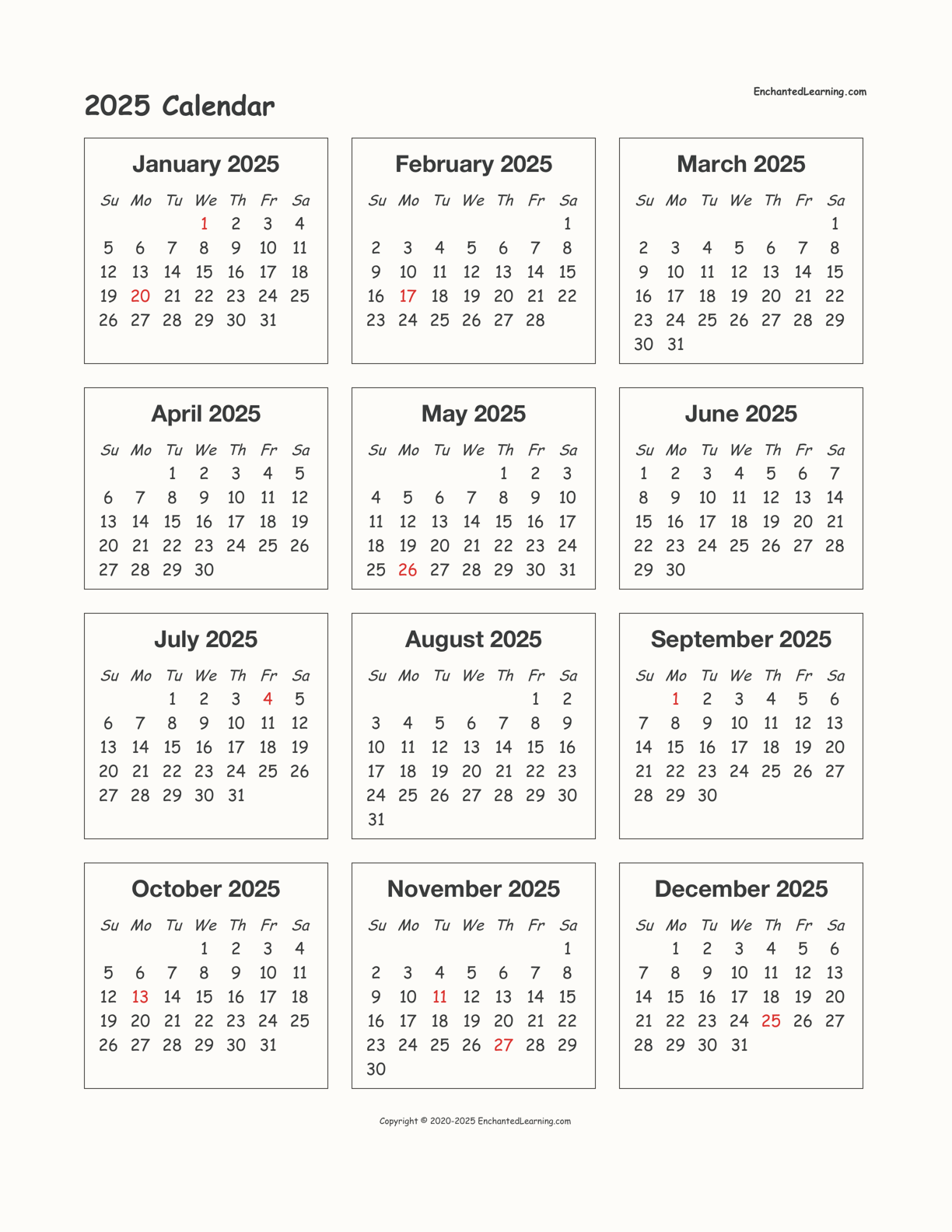 2025 Calendar Single Page Sam Tennant