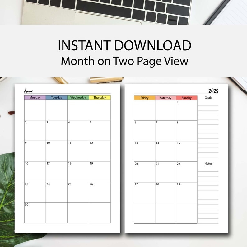 2025 Month On 2 Page Printable Planner Sunday Start Monday Start 2025 