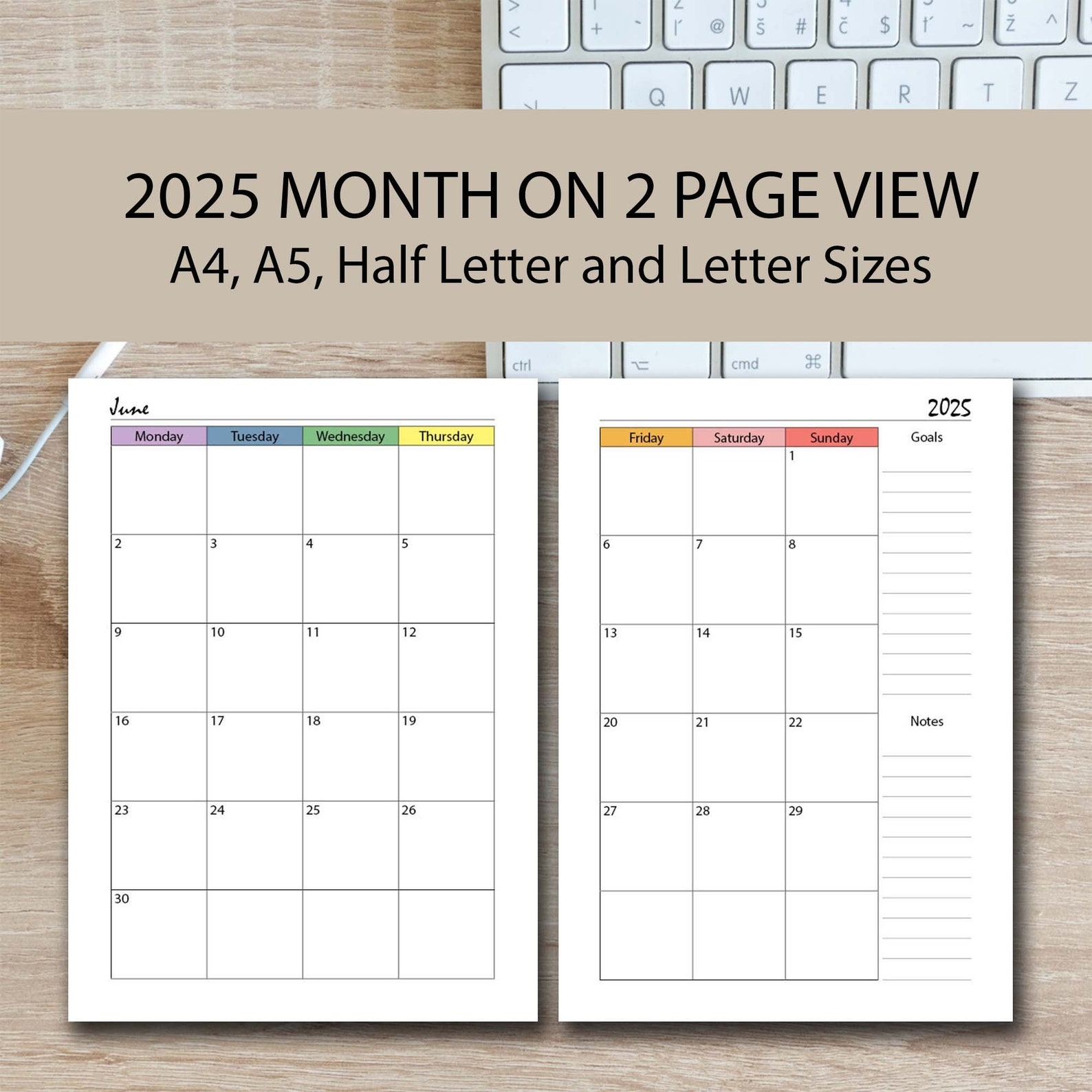 2025 Month On 2 Page Printable Planner Sunday Start Monday Start 2025 
