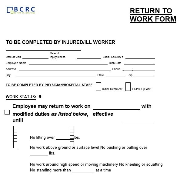 Free Printable Return To Work Form