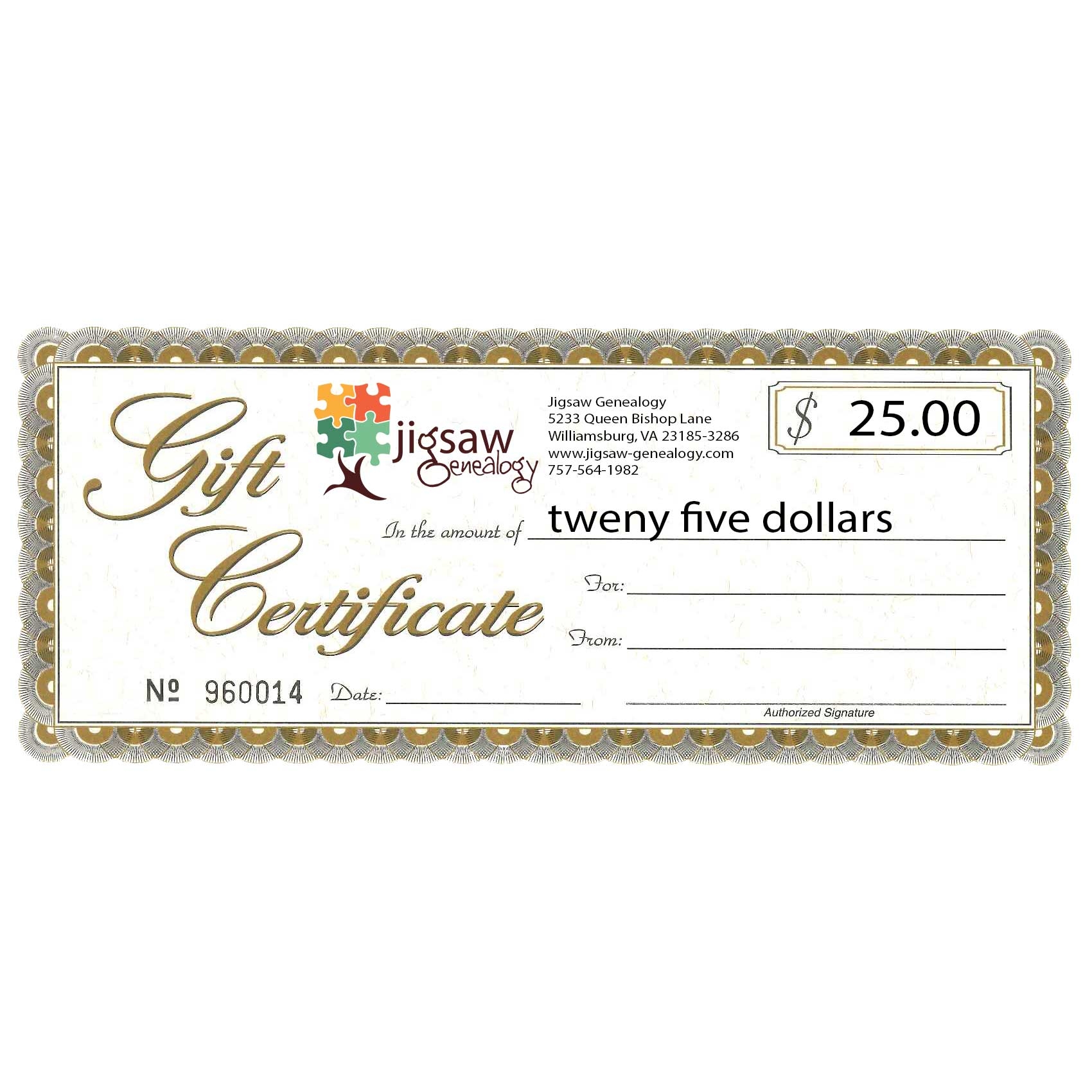  25 Gift Certificate Jigsaw Genealogy
