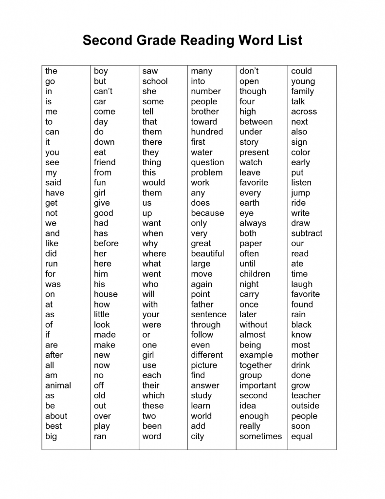 Word Lists For 2Nd Grade Printable