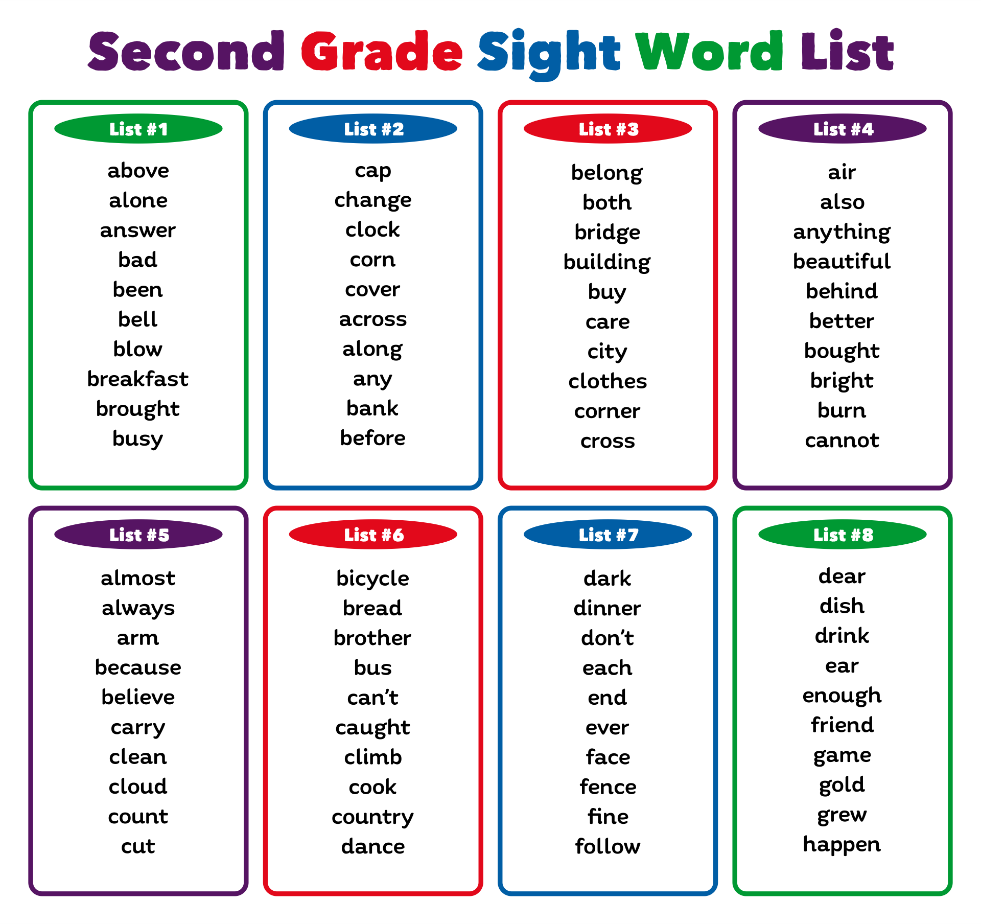 2nd Grade Vocabulary Word List