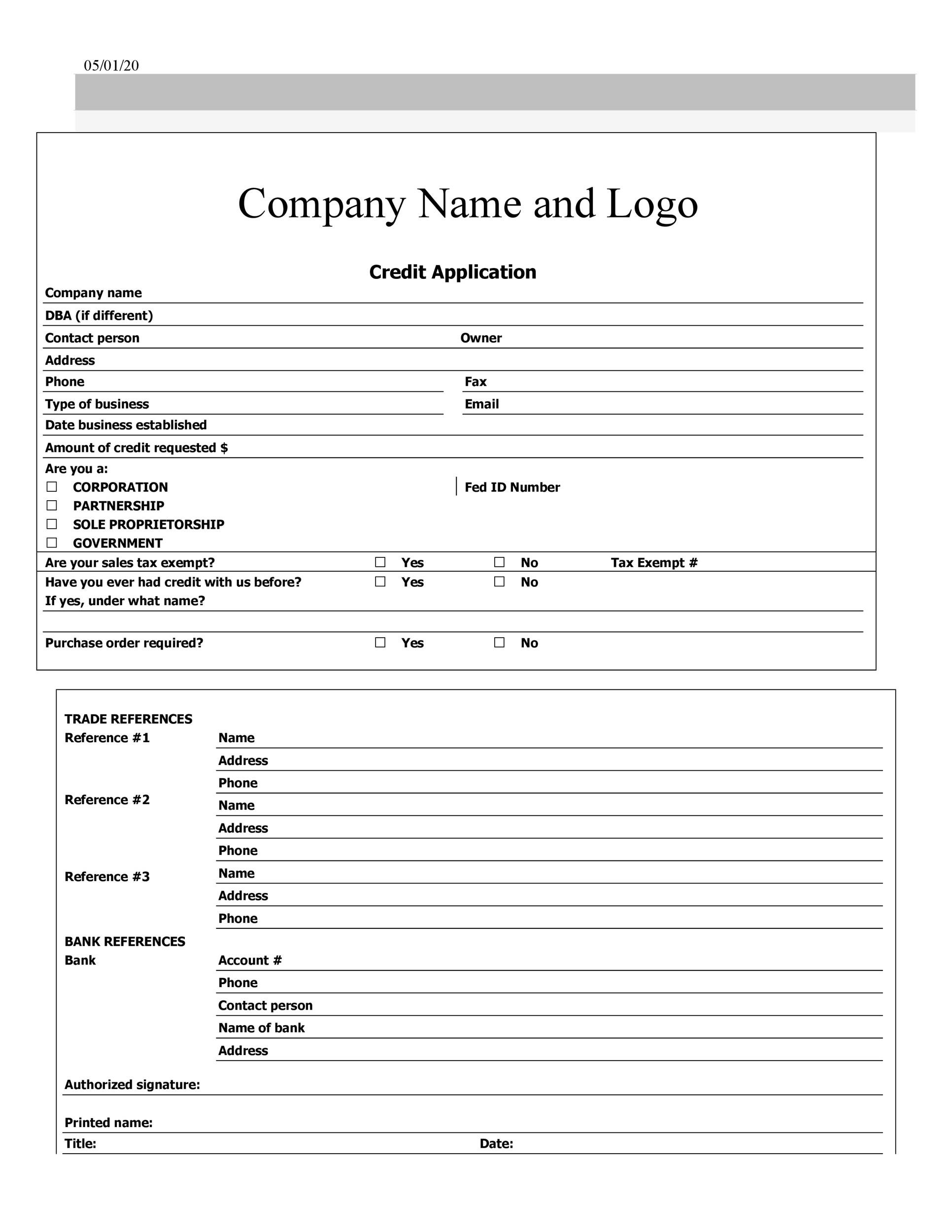 Printable New Customer Credit Application Form