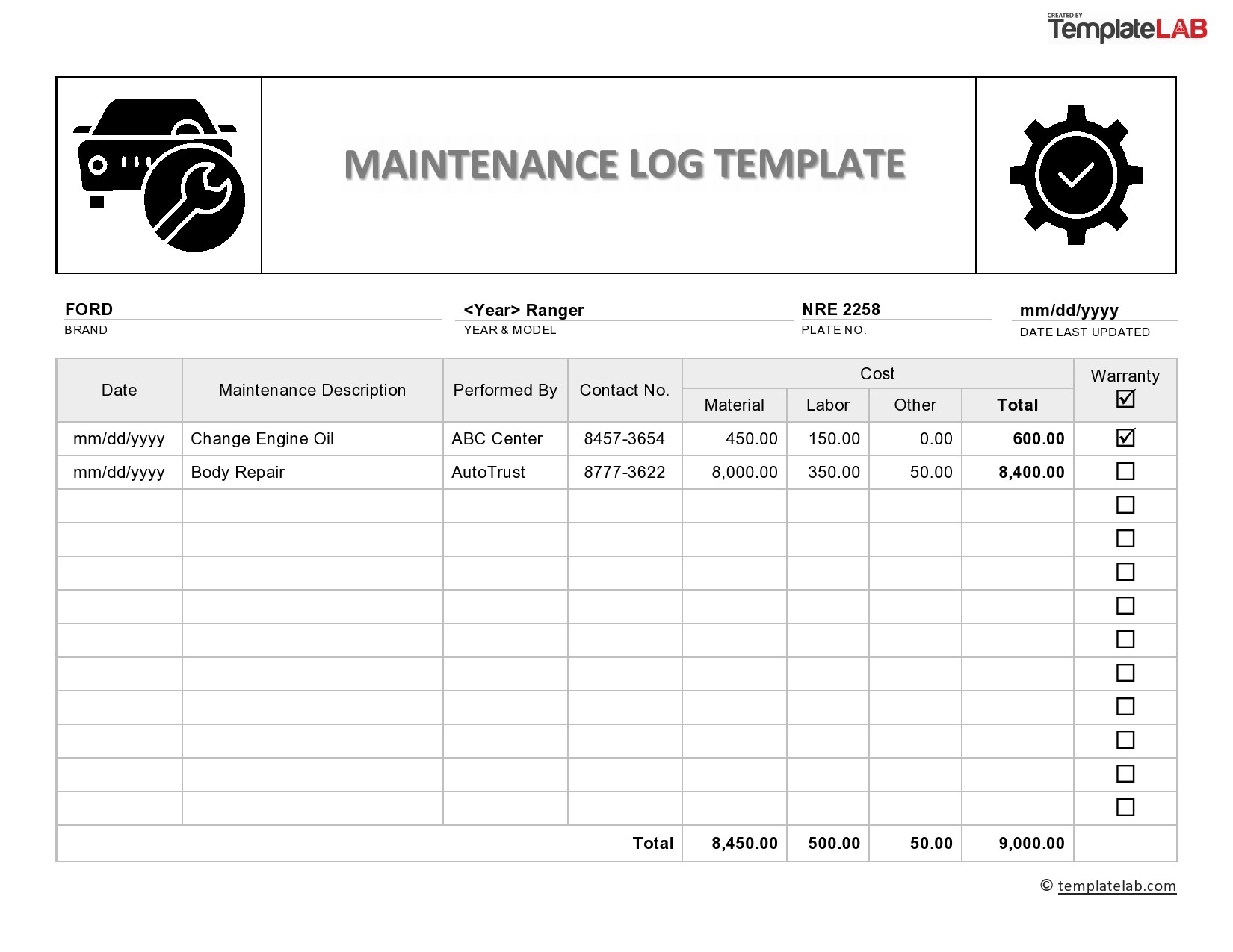 Printable Maintenance Log Template
