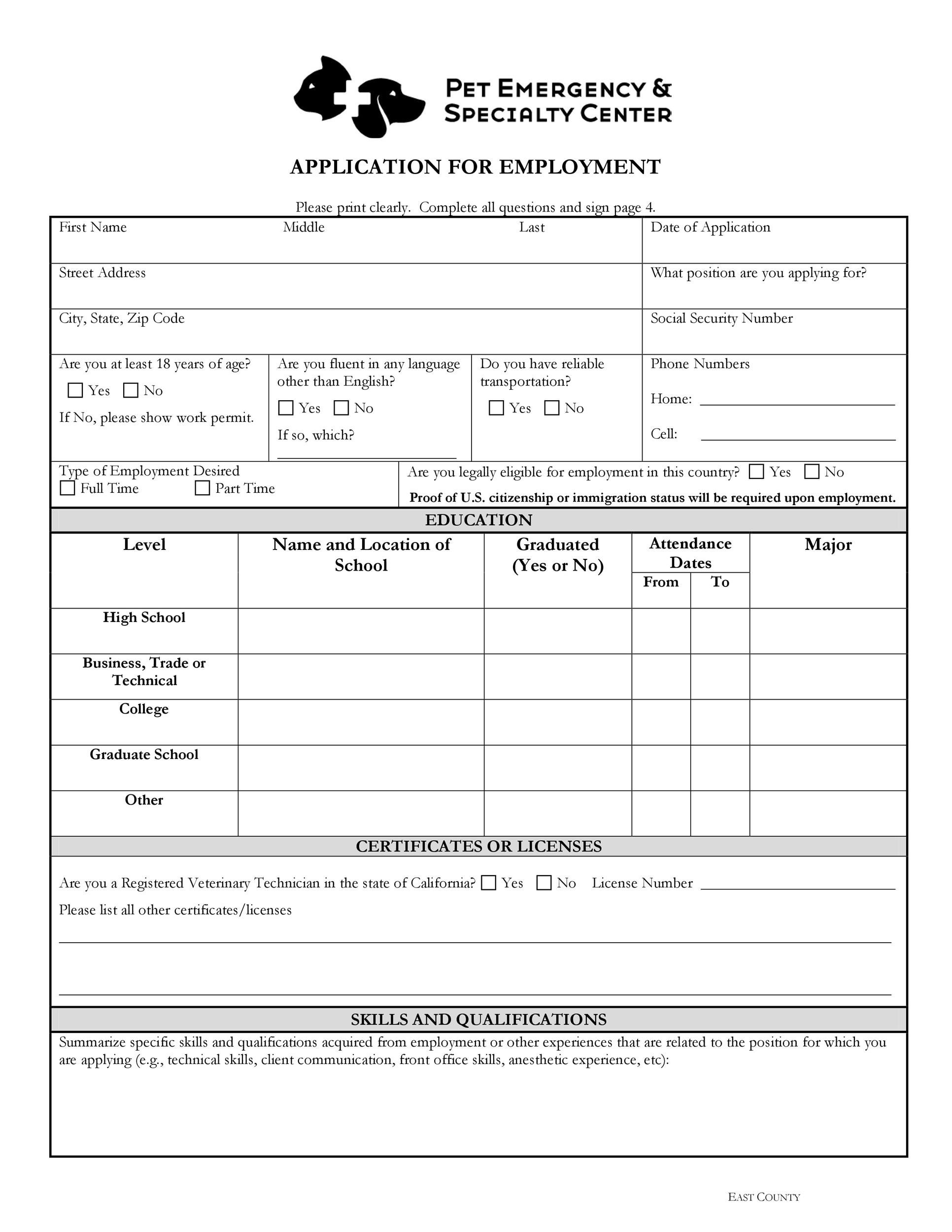 Free Employment Application Printable Form