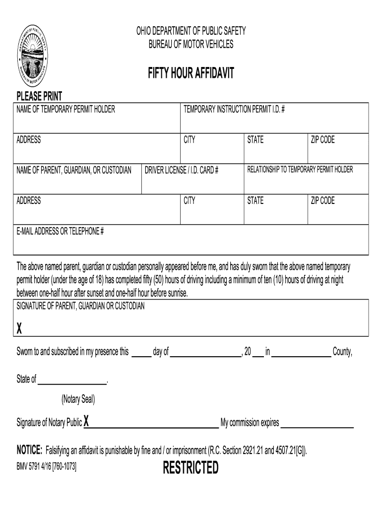 50 Hour Affidavit Ohio 2016 2025 Form Fill Out And Sign Printable PDF 